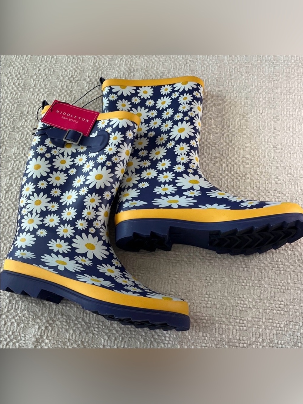 Navy Daisy Rain Boots with Yellow Trim